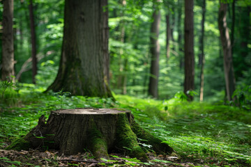 A tree stump is surrounded by green moss and leaves