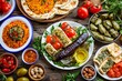 © serdon - An outdoor wooden table serves grilled lamb kebabs, chicken skewers with roasted vegetables, and appetizers variety on an oriental, arabic, or Mediterranean dining table.