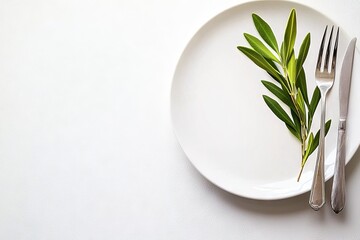 Mock up of a Mediterranean wedding or restaurant menu concept with golden cutlery, an olive branch, a porcelain plate, and silk ribbon. White background with a white table setting.