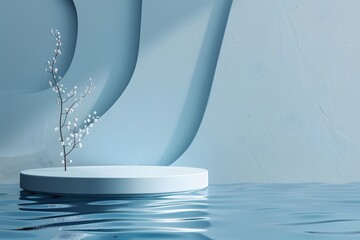 Canvas Print - Serene Minimalist Scene with a Branch on a Circular Platform Surrounded by Water