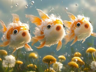 Poster - Cute Fluffy Goldfish Swimming Underwater with Bubbles