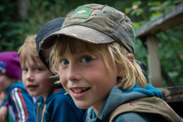 Wall Mural - Portrait of a boy in a cap on the background of children