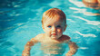 © Stewart Bruce - A cute baby swimming in the pool, with blue eyes and blond hair. Underwater photography, realistic in style, using natural light and sharp focus, resulting in a high-resolution image.
