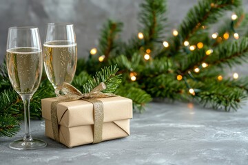 A silver Christmas table setting with two champagne glasses on the dinner table and a gift box with sparklers on the table.