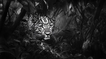 Wall Mural - A leopard is in the woods, looking at the camera. The image is black and white, giving it a moody and mysterious feel