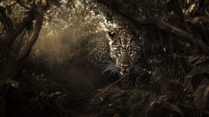 Wall Mural - A leopard is in a forest, looking at the camera. The image has a dark, moody feel to it, with the shadows of the trees and the leopard creating a sense of mystery and intrigue