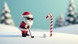 © Ivor - A cute Santa 3D model, wearing sunglasses, playing golf on a snowy course, preparing to hit a candy cane as the golf ball, focused on his swing. On a plain background