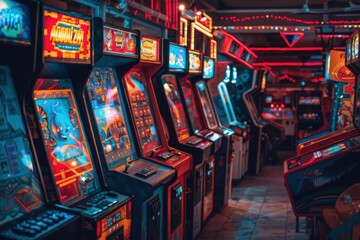 A row of arcade games with a neon red background, generative ai image