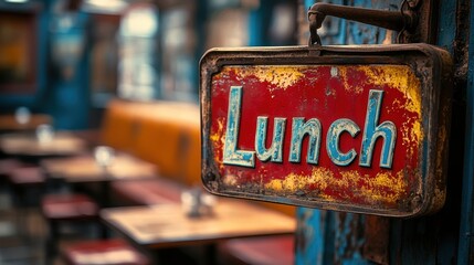 A rustic and nostalgic lunch sign hangs in a cozy, atmospheric cafe with blurred background seating evoking a warm, inviting environment