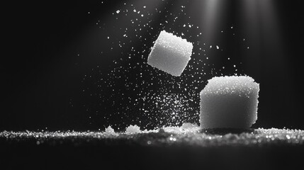 Broken sugar cube with small fragments, isolated on a smooth black background with a spotlight effect