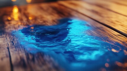 Poster - A close-up of water pooling on a textured wooden surface, illuminated by ambient light.