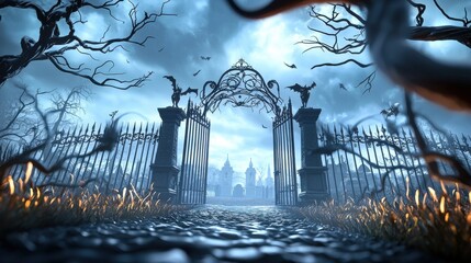 Poster - A Gothic Halloween background featuring a black wrought-iron gate, thorny vines, and crumbling stone statues in a haunted graveyard setting.