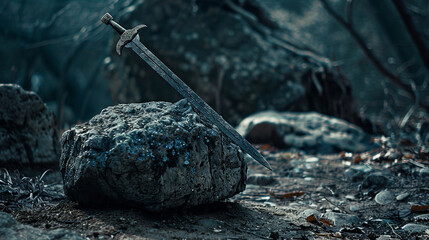 Sword stuck in a rock like in the Excalibur Legend, the mythical sword of king arthur