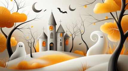 A 1950s-inspired Halloween background with atomic-age designs, featuring classic horror elements like haunted houses, ghosts, and crescent moons.