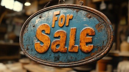 Wall Mural - An old rustic metallic For Sale sign hanging indoors with a blurred background of what appears to be a workshop filled with various tools and items