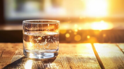 Poster - A close-up of a sparkling glass of water with condensation, placed on a wooden table, sunlight reflecting off the water.