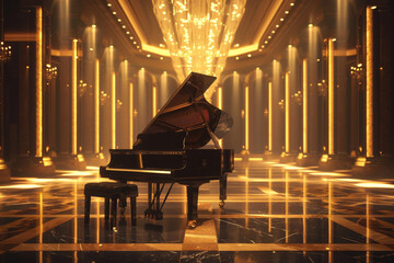 a grand piano is the focal point of a large room with gold accents