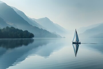 Wall Mural - Serene Sailing: A Tranquil Journey Across Misty Waters