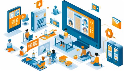 Leinwandbilder - Isometric Digital Learning and Collaboration Platform with Remote Students and Teachers