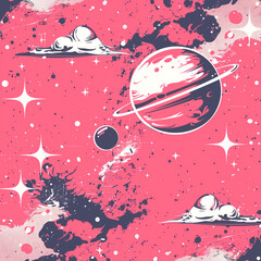 A pink background with a large planet and two smaller planets