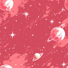 A pink background with a large planet and two smaller planets