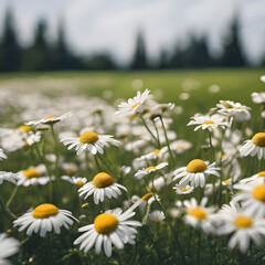 Field of blooming daisies on a background of green grass and forest