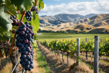 A bunch of grapes hanging from a vine in a vineyard