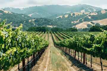 A vineyard with rows of grape vines and a mountain in the background