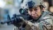 © Darcraft - A focused female soldier aims her rifle during a tactical mission, demonstrating precision, concentration, and readiness in a combat scenario.