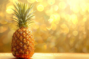 A pineapple sits on a table with a blurry background