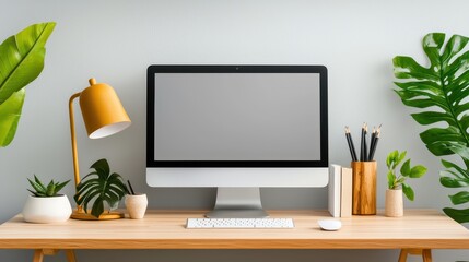 Wall Mural - A modern desktop computer on a stylish wooden desk, with plants, books, and dacor items surrounding it, creating a cozy workspace.