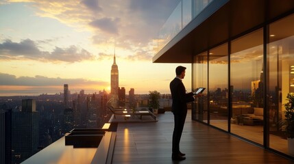 Poster - A businessman stands on a balcony at sunset, overlooking a city skyline with skyscrapers.