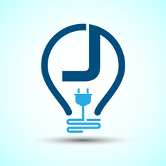 Poster - Initial alphabet J with an electric bulb and plug. Electricity logo design template