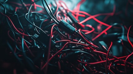 Poster - A tangled mass of black and red cables, showcasing the complexity of modern technology.