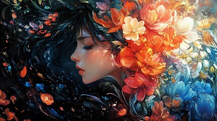 Poster - Floral Portrait: A Dreamy Woman Surrounded by Flowers