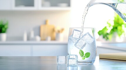Poster - A refreshing glass of water with ice cubes being poured from a pitcher, with a bright kitchen in the background.