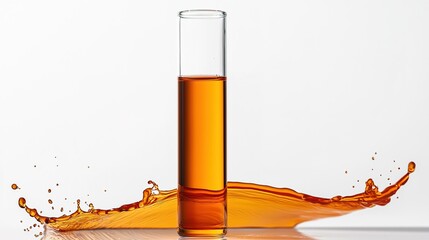 Poster - A tall glass test tube filled with orange liquid splashes against a white background in a captivating display of motion