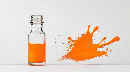 Poster - A glass bottle filled with vibrant orange liquid spills color onto a white surface in an artistic splash