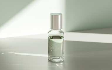 Poster - Elegant glass bottle of clear liquid placed on a minimalist table with soft natural light illuminating the scene
