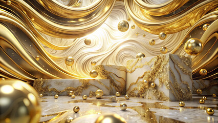 Poster - A stunning interior setting featuring flowing golden marble textures and decorative spheres scattered across a luxurious surface, ideal for festive occasions