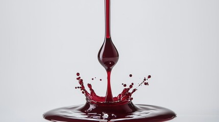Poster - Red liquid splashes dynamically as it drips from above, creating a vibrant pattern against a simple white background