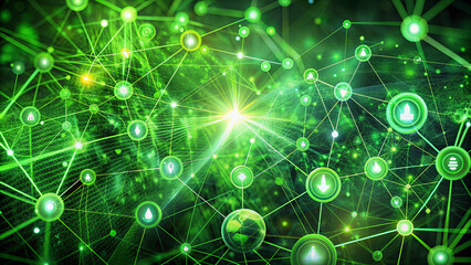 Fototapete - A vibrant display of interconnected nodes showcases renewable energy concepts like water, wind, and solar power, set against a deep green background with glowing effects