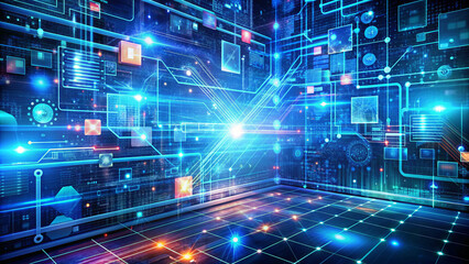Fototapete - A vibrant digital environment features glowing circuits and floating data elements, creating a sense of advanced technology and innovation in a virtual space
