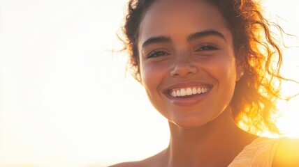 close-up of a smiling woman with radiant skin and curly hair, beaming in warm sunlight, exuding happ