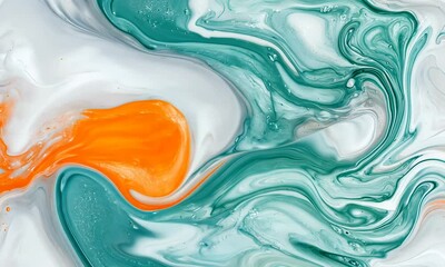 Poster - Witness the mesmerizing movement of bright orange and teal colors swirling together on a white canvas, showcasing the beauty of abstract artistry in an engaging creative process