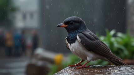 A small black and white bird with an orange beak stands on a ledge in the rain, with blurred people and green foliage in the background.