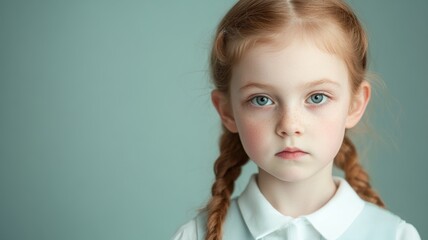 Portrait of a serious young girl with striking blue eyes and freckles, set against a soft green background, capturing a calm and introspective mood.