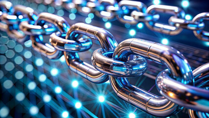 Poster - Close-up view of interconnected shiny metal chains reflecting bright blue lights, set against a dynamic abstract background that evokes a sense of technology and innovation