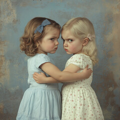 Two pouting sisters embracing each other while displaying sibling rivalry through their expressive faces