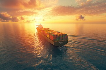 Aerial View of Cargo Ship at Sunset